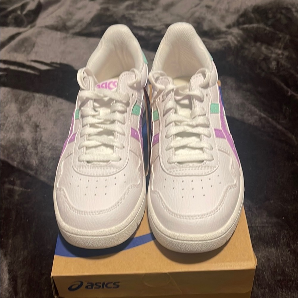 ASICS White Sneakers with Purple and Green Highlights